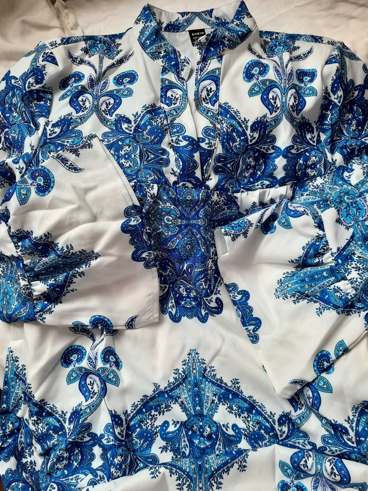 Shein nowa urocza boho wzór grecki midi sukienka biała niebieska S