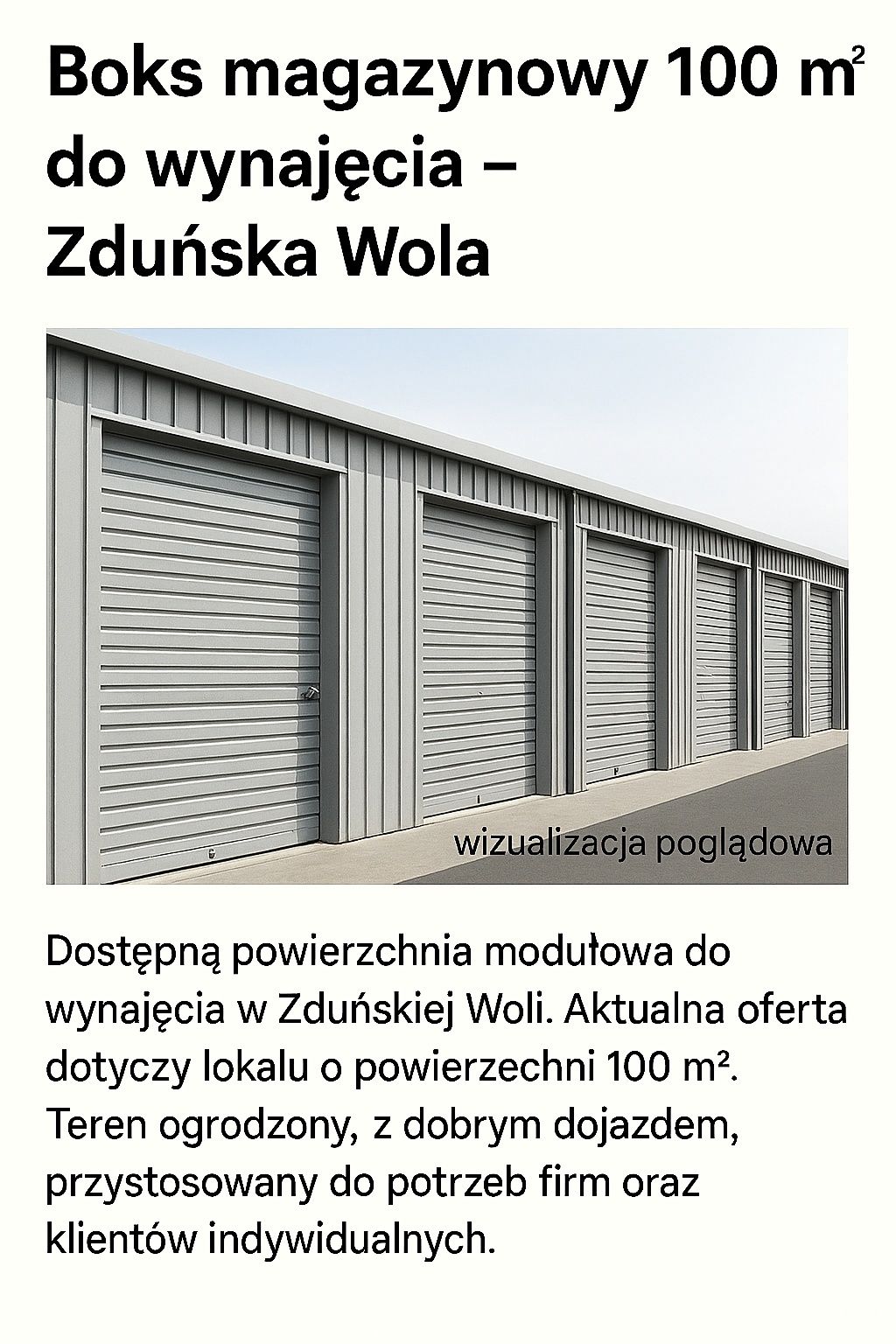 Boks magazynowy 100 m² do wynajęcia – Zduńska Wola
