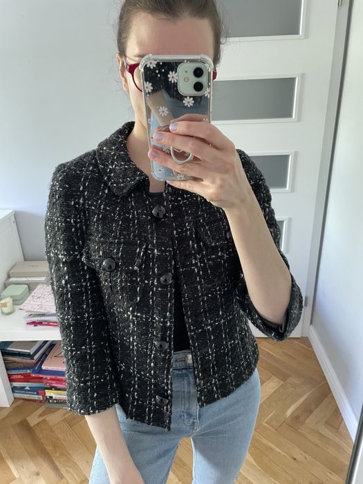 Krótki żakiet vintage Oasis w kratę z guzikami rękawki 3/4