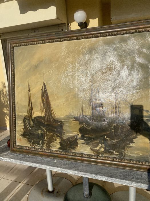 Óleo sobre tela “Barques de pêche au port” Pintor belga Lemmers séc 19