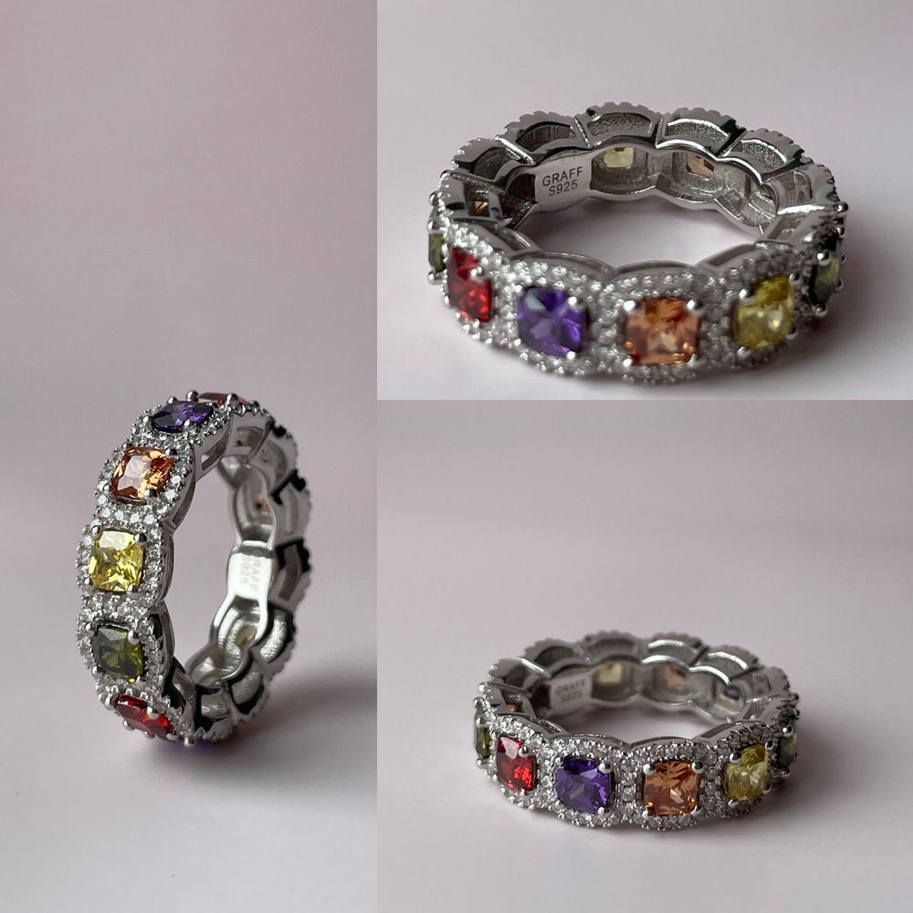 Кольцо обручка срібна з камінням кольорові