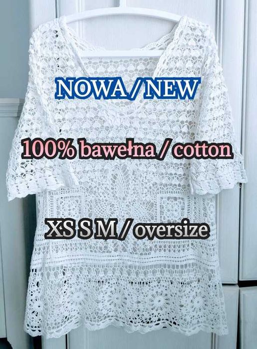 xs s m biała tunika plażowa boho festiwal hippie hafty szydełko ażur