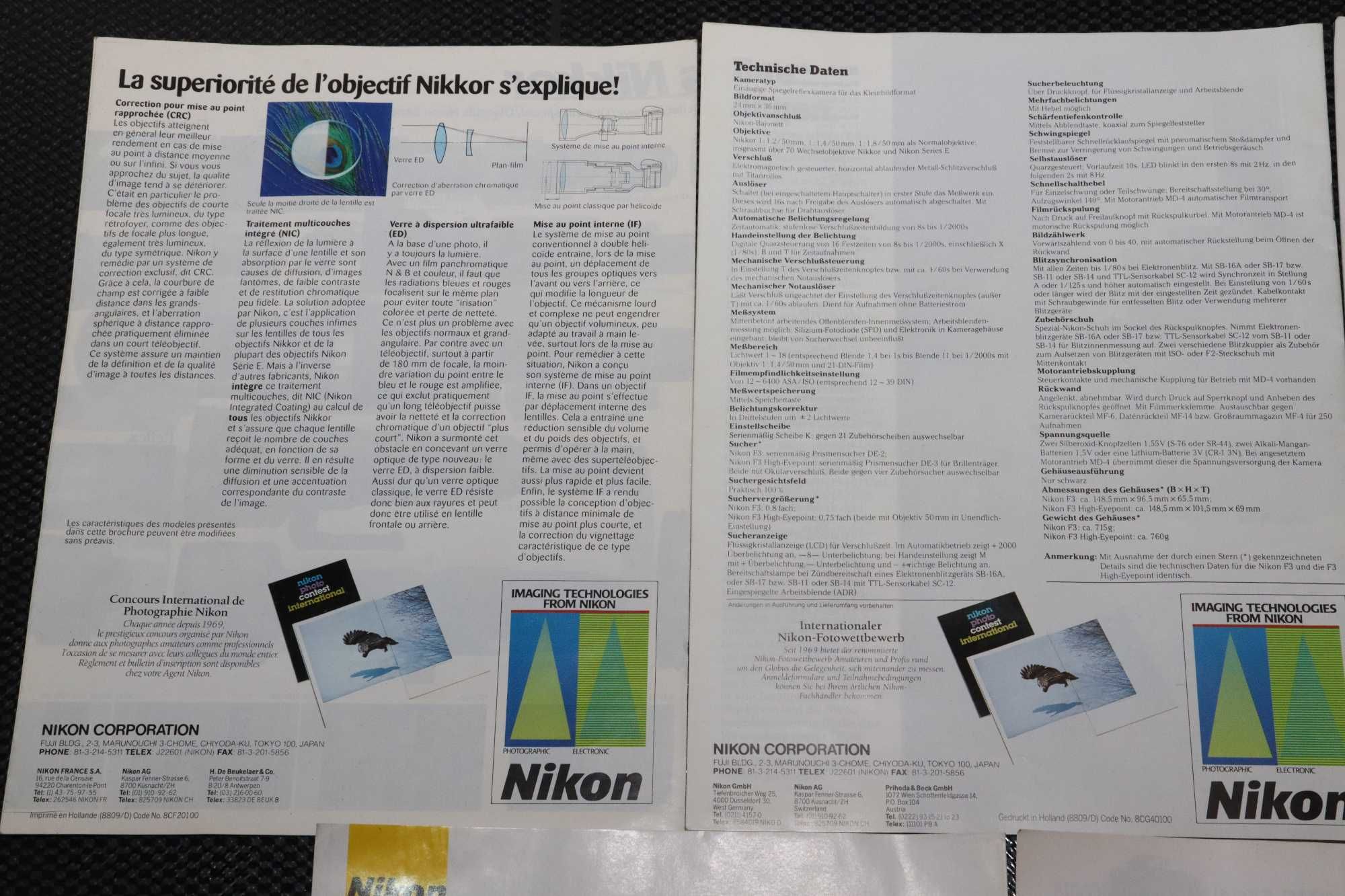 NIKON zestaw katalogów prospektów F3 F-801 F-401 obiektywy lampy