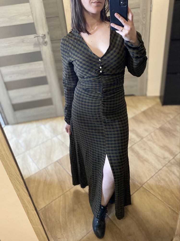 NOWA z metką długa sukienka maxi w kratę ZARA Basic oliwkowa khaki