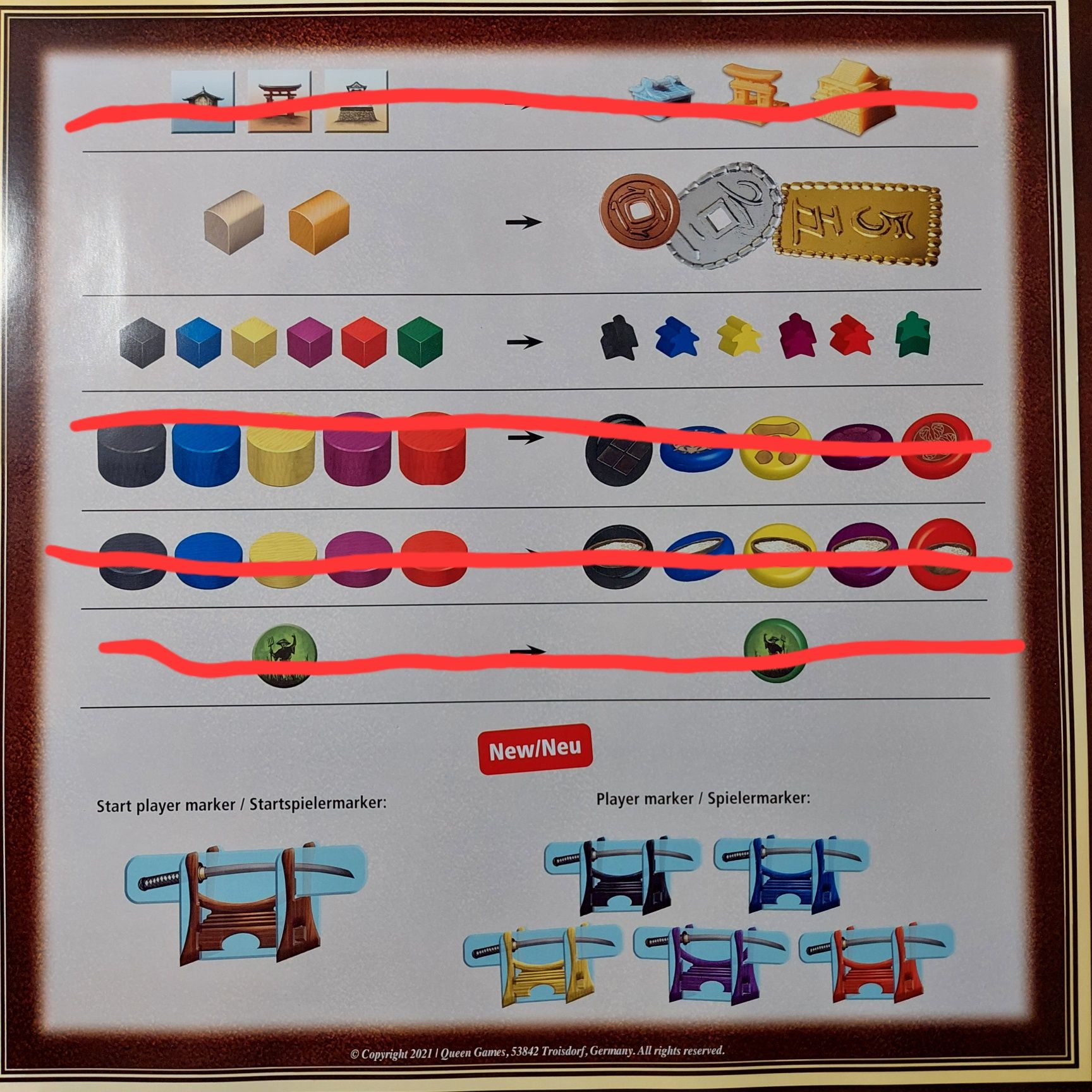 Shogun : metalowe monety, meeple, znaczniki graczy z Upgrade Kit