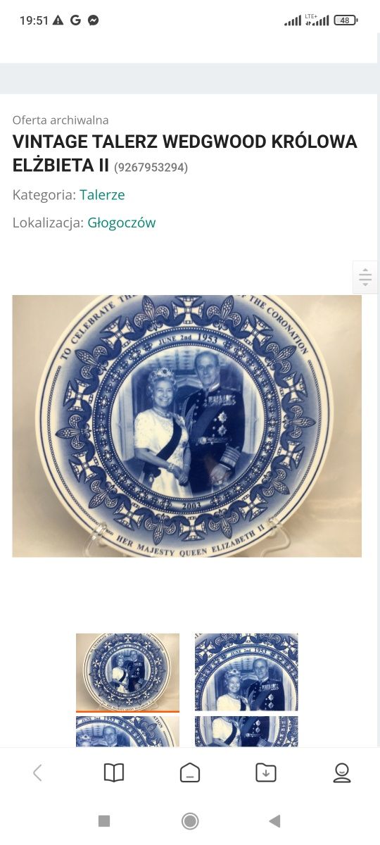 Vintage stary porcelanowy talerz angielski WEDGWOOD queen Elżbieta ll