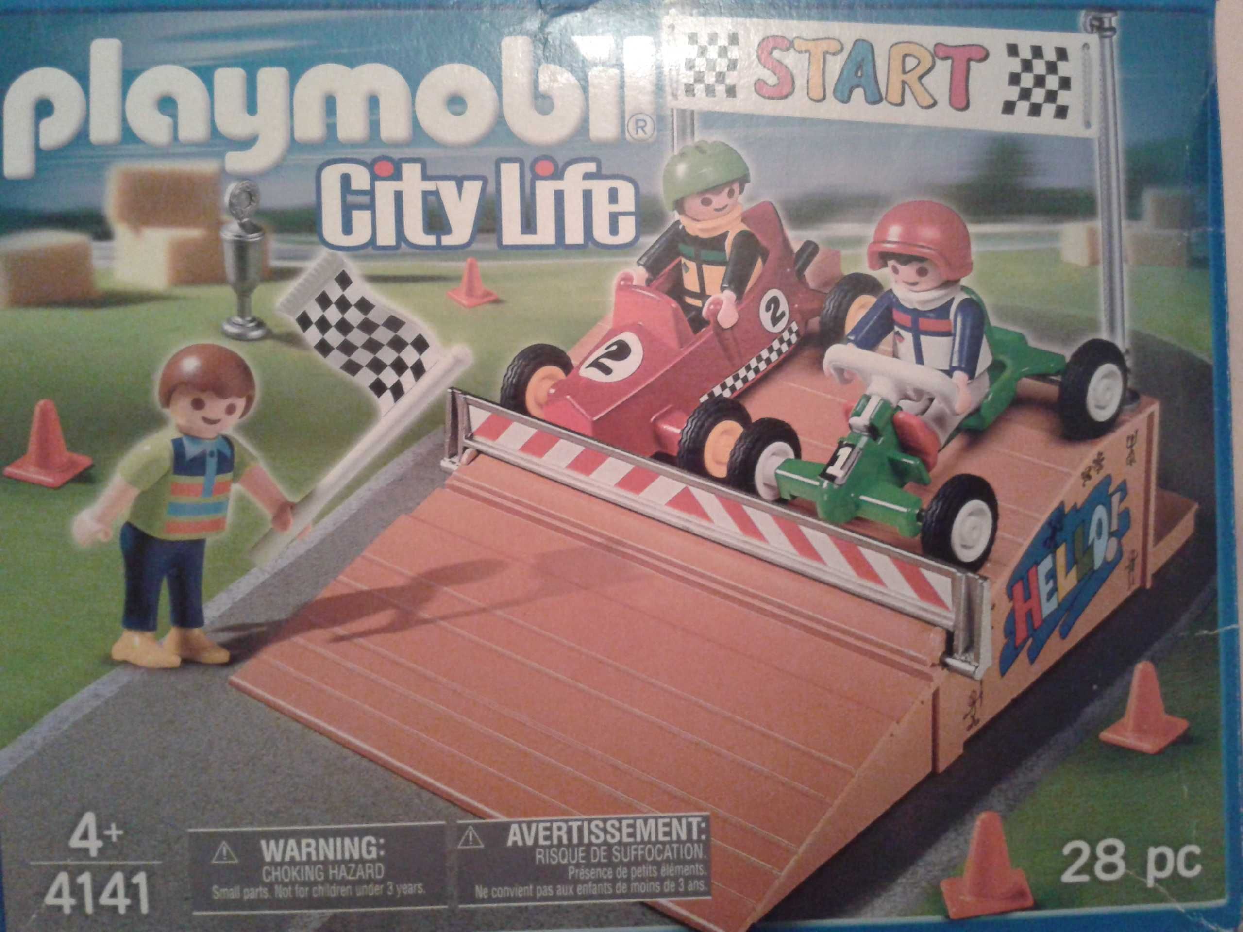Dwa zestawy Playmobil tor wyścigowy i auta oraz plac budowy narzędzia