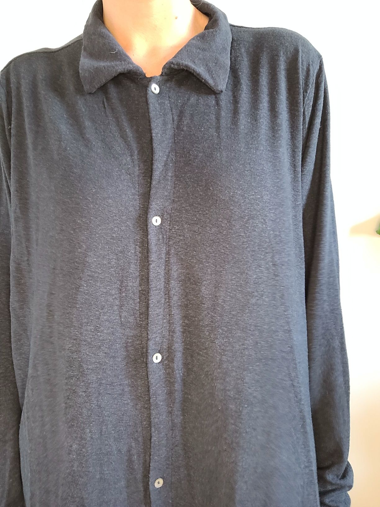 Długa lniana sukienka koszulowa z kołnierzykiem oversize H&M