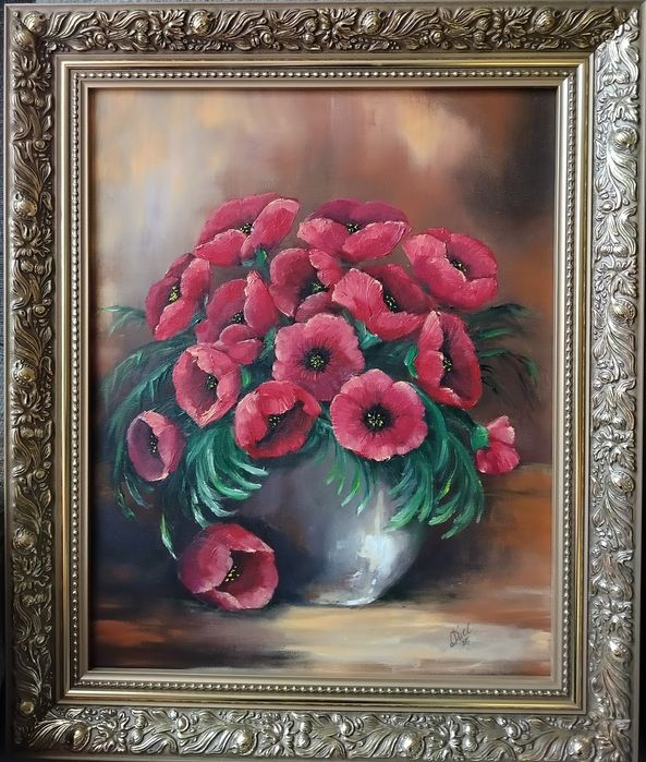 Obraz olejny Maki w złotej drewnianej ramie -50,5/60,5 cm