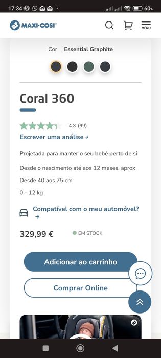 Ovo Maxi Cosi Coral 360 + Adaptadores + Alça transporte