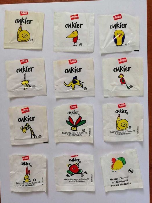 Opakowania po cukrze marki Anin. Bardzo duża kolekcja z rysunkami.
