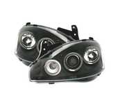 FARÓIS FRONTAIS ANGEL EYES PARA OPEL CORSA C 00-06 FUNDO PRETO H1-H1