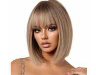 Peruka damska bob blond brąz z grzywką jak naturalna do ramion