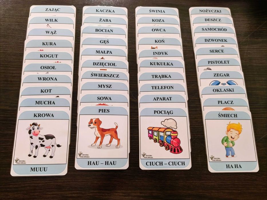 ONOMATOPEJE, wyrazy dźwiękonaśladowcze, karty edukacyjne, 40 szt.