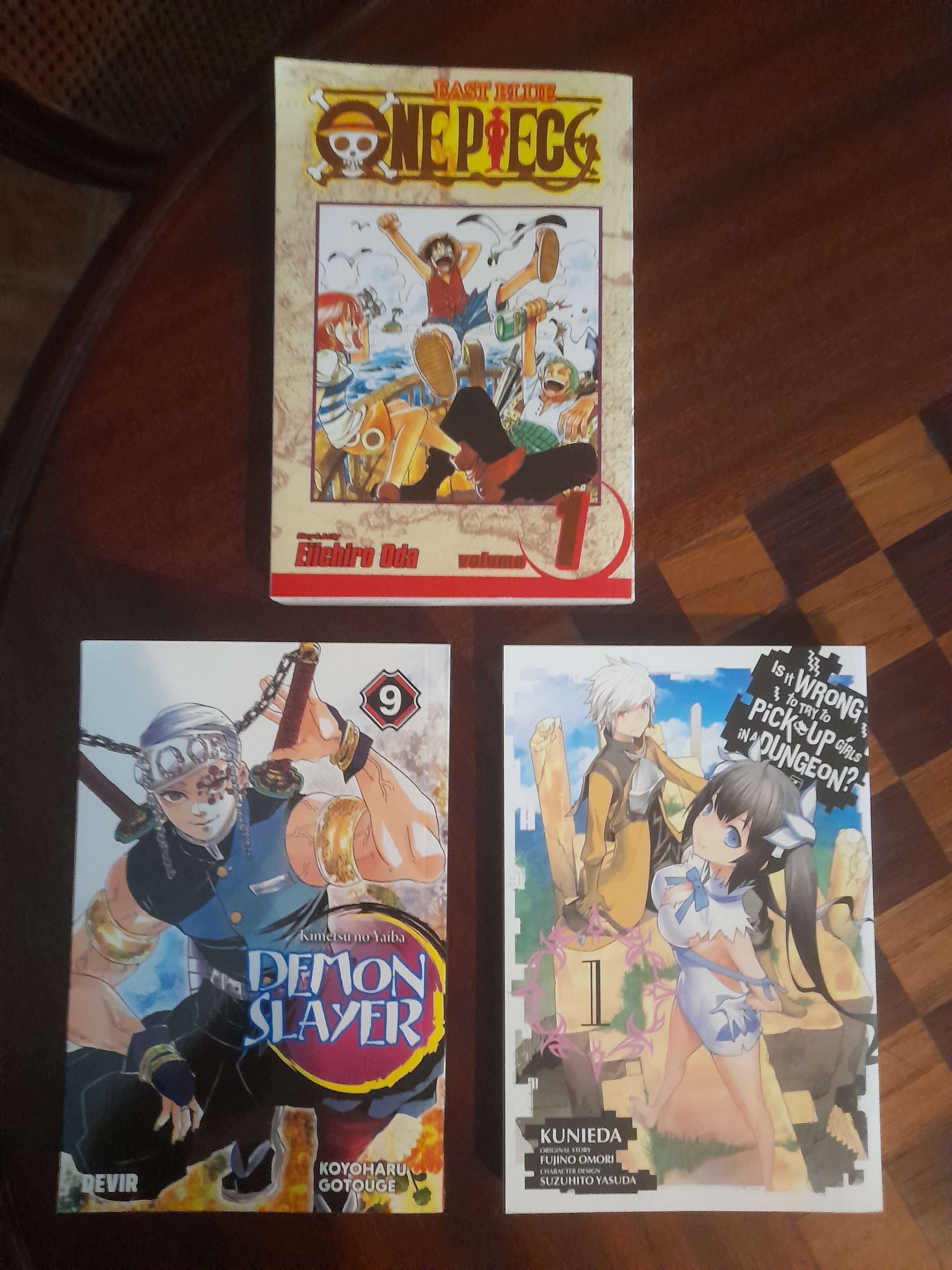 Mangás One Piece Vol. 1 (EN), Demon Slayer Vol. 9 (PT), Danmachi Vol.1