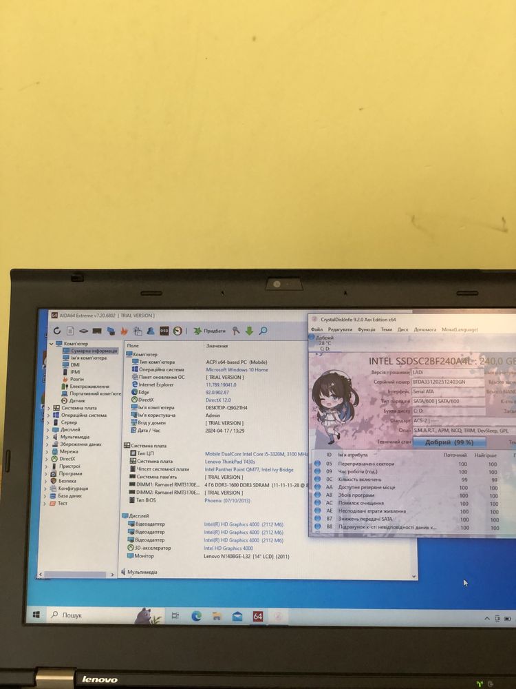 Тоненький Ноутбук Lenovo T430s core i5 8gb ОЗУ 240ссд з Німеччини
