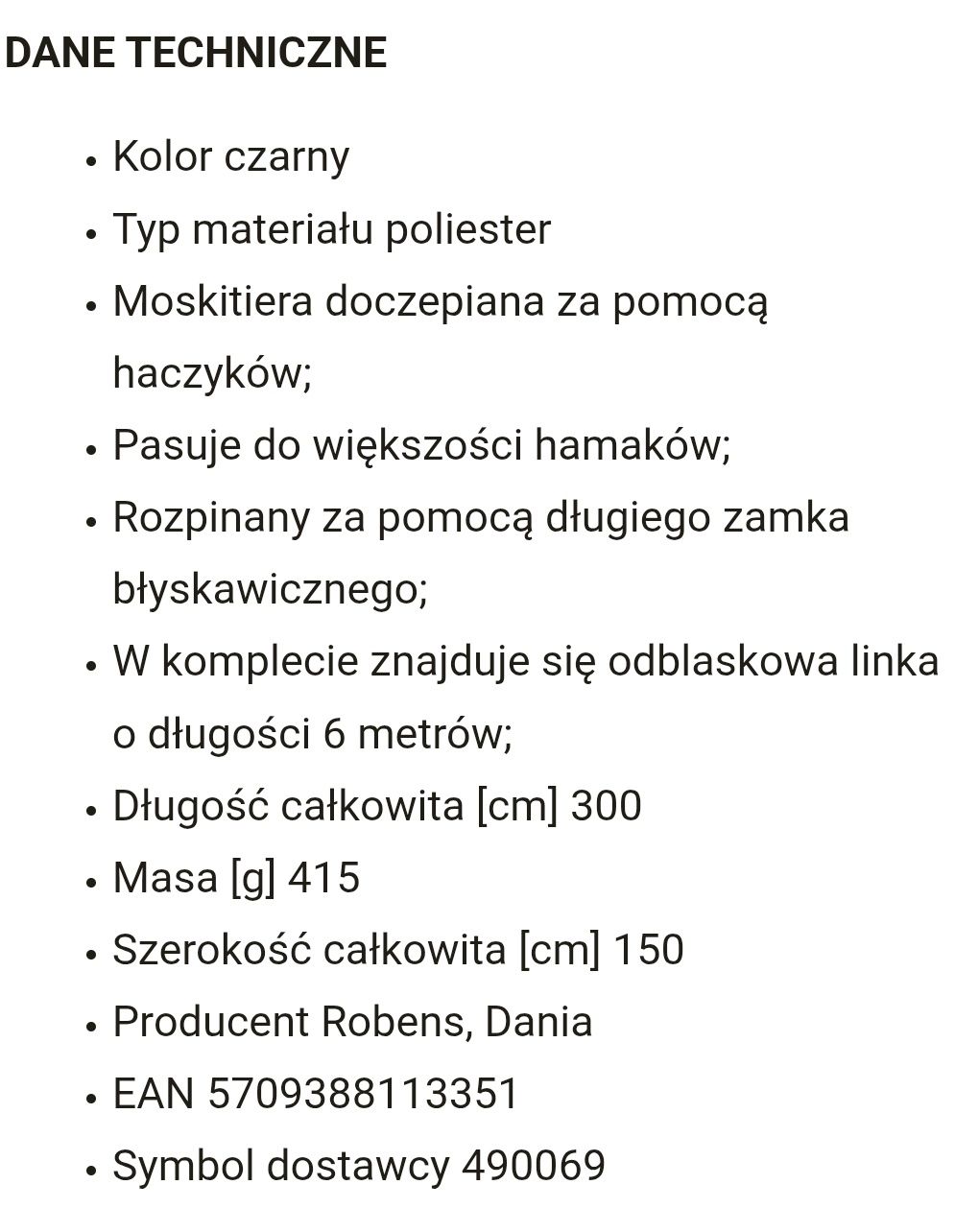 Moskitiera na hamak Robens Trace Hammock Mosquito Net