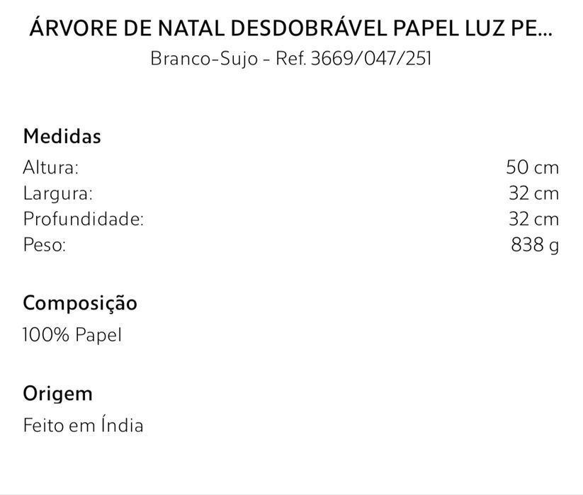 Árvore De Natal Desdobrável Papel Luz Pequena Zara Home NOVO