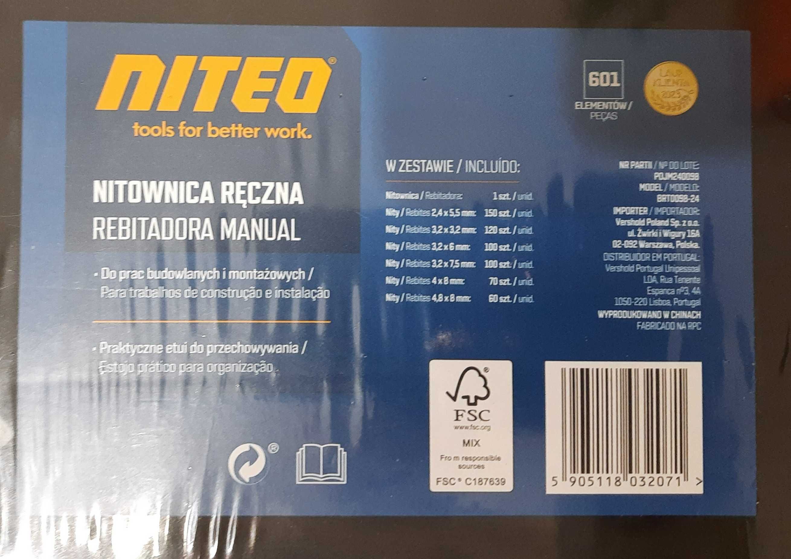 NITOWNICA RĘCZNA NITEO w praktycznym etui w zestawie 600 NITÓW NOWA!