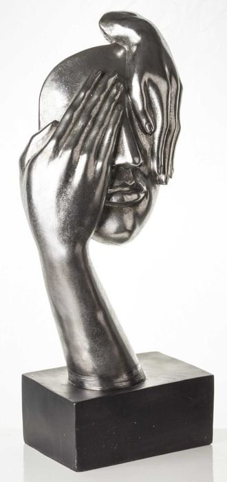 Srebrna figurka maska twarz zasłonięta dłońmi ozdoba na prezent 139219