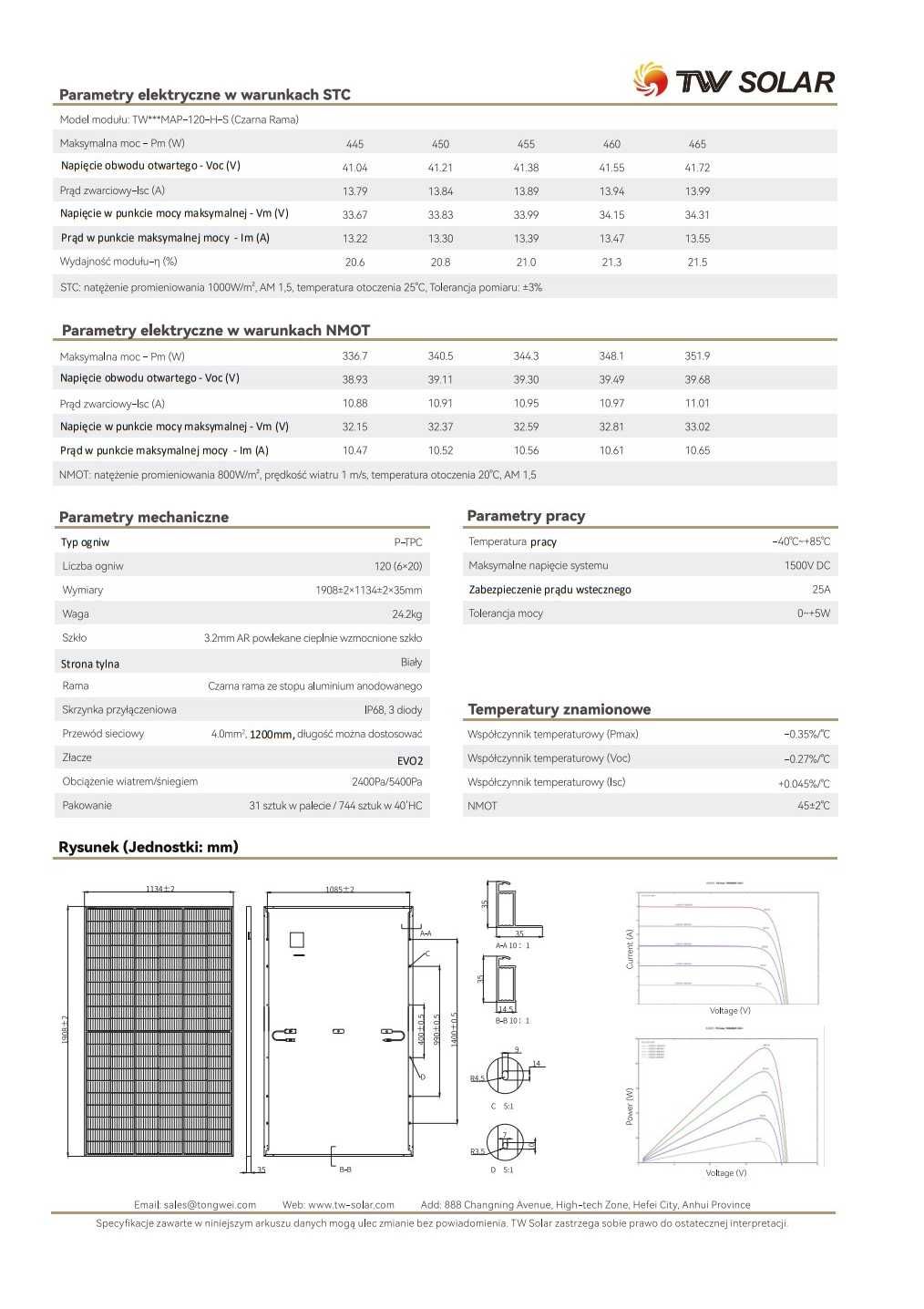 Moduł/ Panel Fotowoltaiczny TONGWEI TW460MAP-120-H-S  CZARNA RAMA 460W