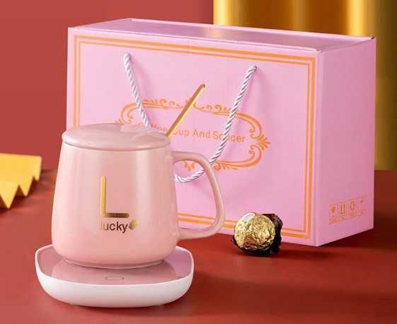 Чашка 350мл на подставке с подогревом до +55 °, Розовая