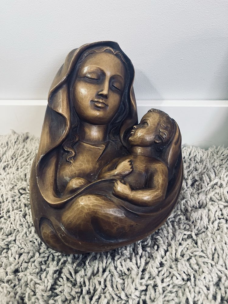 Brazowa figurka figura antyczna ikona matka boska z jezusem chrystusem