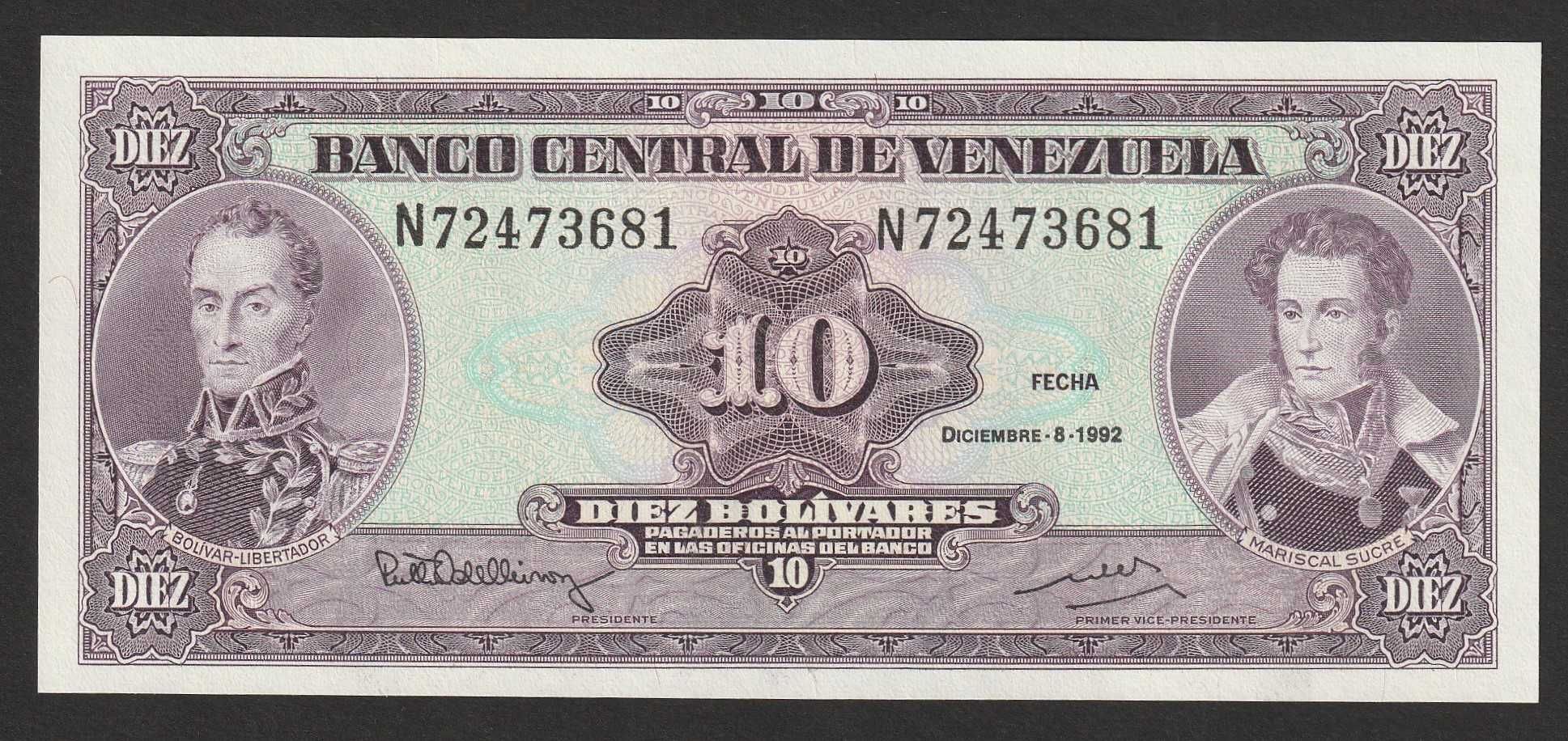 Wenezuela 10 bolivares 1992 - Bolivar - Sucre - stan bankowy UNC