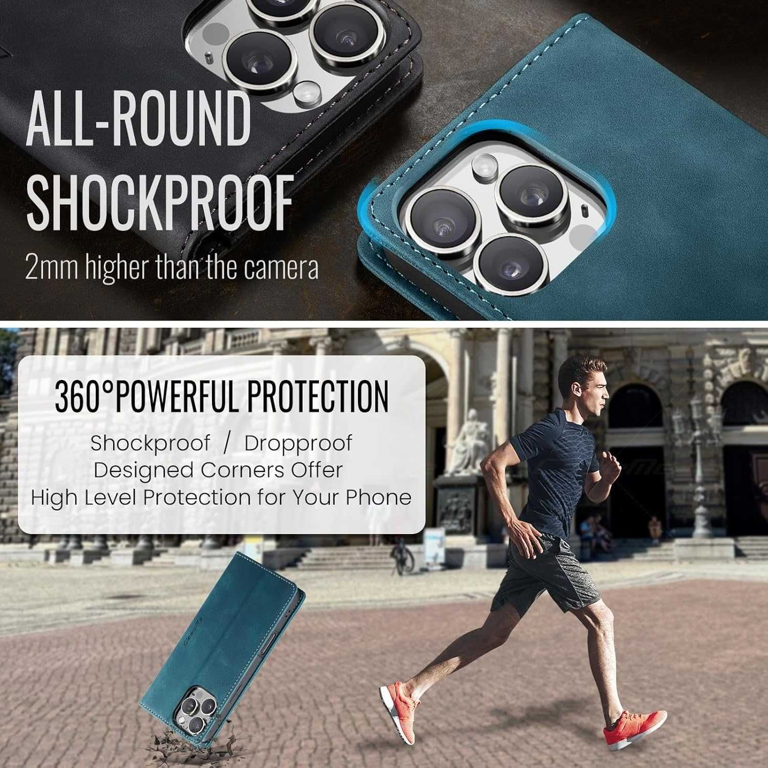 Caseme etui z klapką do iPhone 16 Pro portfel RFID zamsz niebieskie