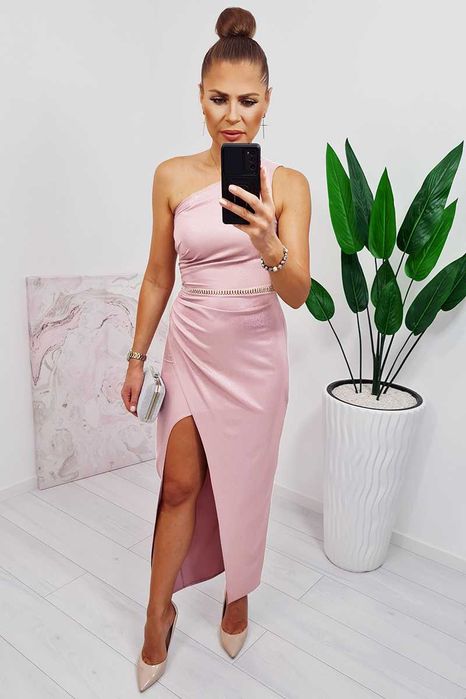 Sukienka długa na jedno ramię pudrowy róż brokat katniss wesele 44