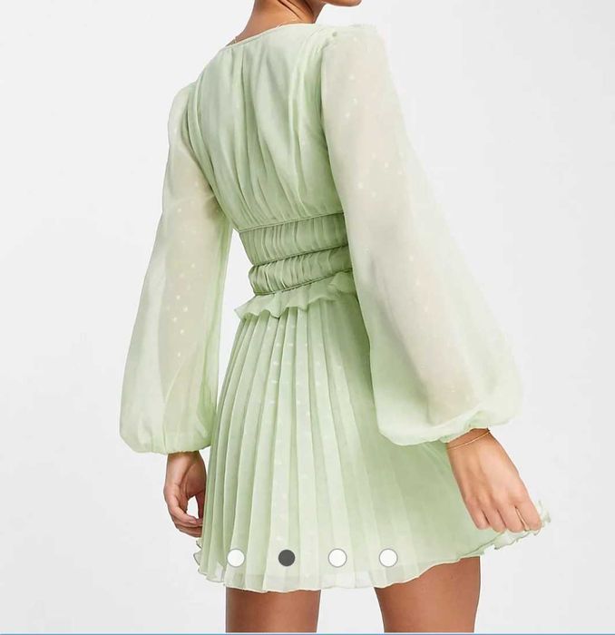 Sukienka damska miętowa plisy guziki bufki XS długi rękaw taliowana