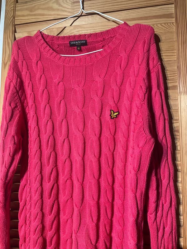 Sweter lyle&scott vintage xl warkoczykowy splot różowy bawełna