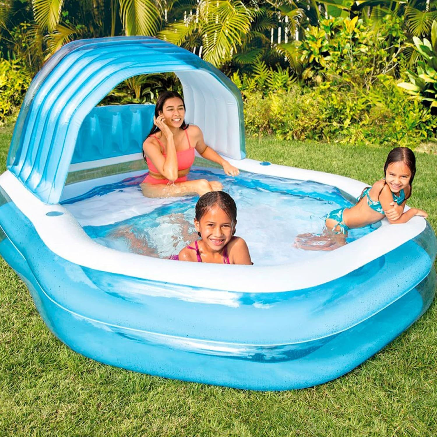 Piscina insuflável com sofá, toldo removível e porta-copos 229x191x135