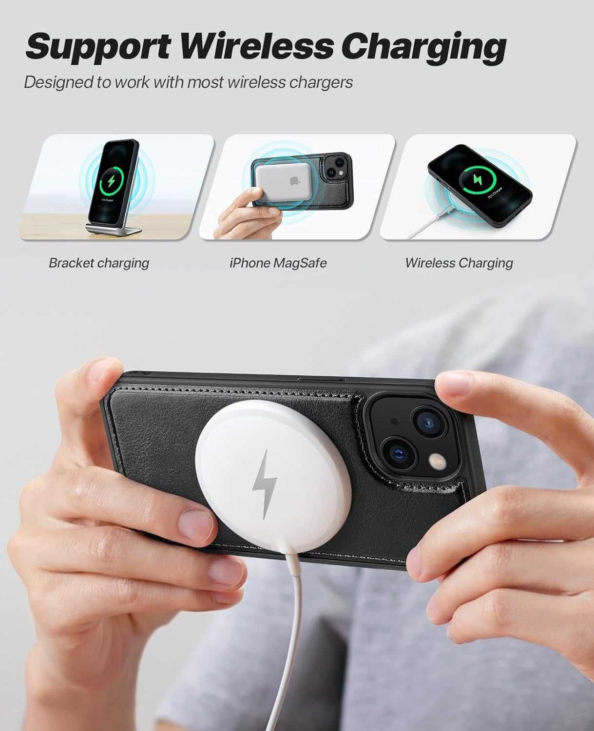 Ocase etui skórzane iPhone 15 PLUS stojak magsafe czarne portfel 2w1
