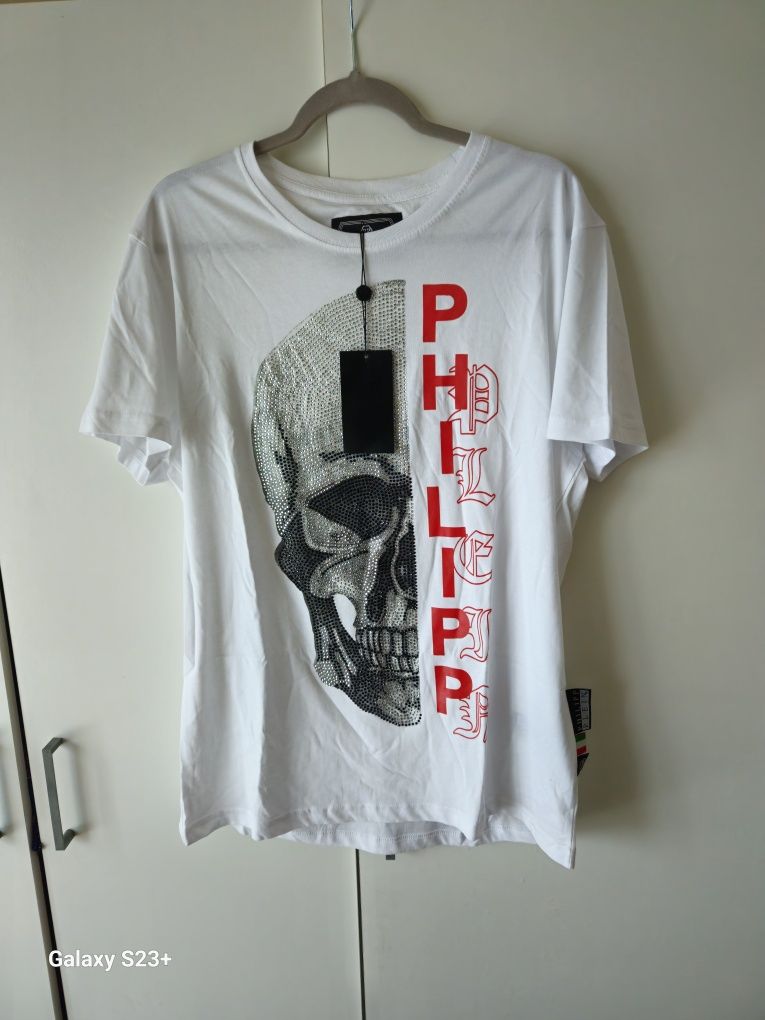 Philip plein L super koszulka t shirt biała kamienie