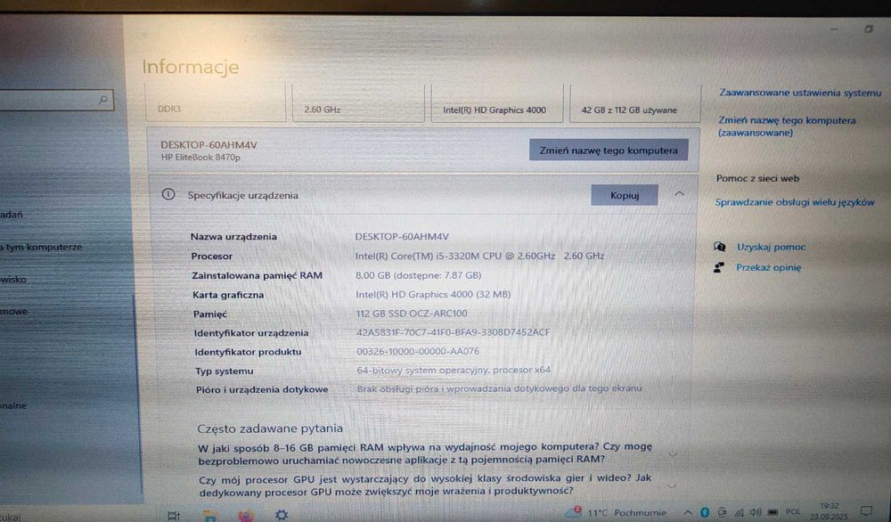 HP Elitebook 8470p i5 4x3,3GHz turbo, 8 GB RAM, SSD 120 + zasilacz
