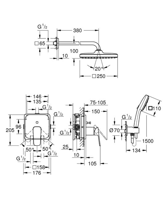 Grohe Cubeo 1053360000 Tempesta 250 Душова система прихованого монтажу