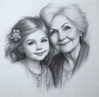 Portret babci z wnuczką ołówkiem i węglem rysowany z okazji dnia urodz