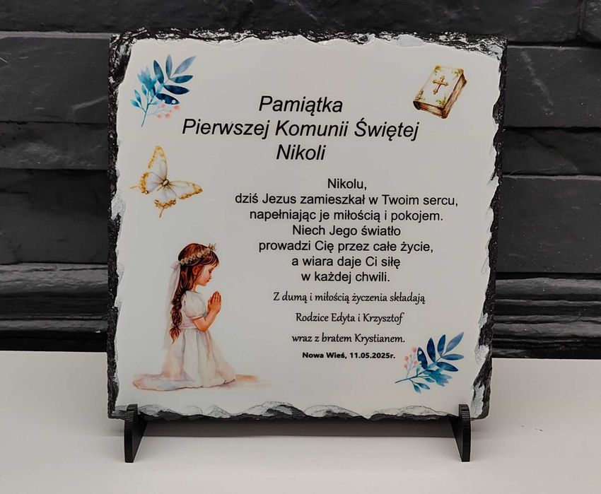 Ramka kamienna pamiątka Komunia Święta dow. tekst foto granit kamień