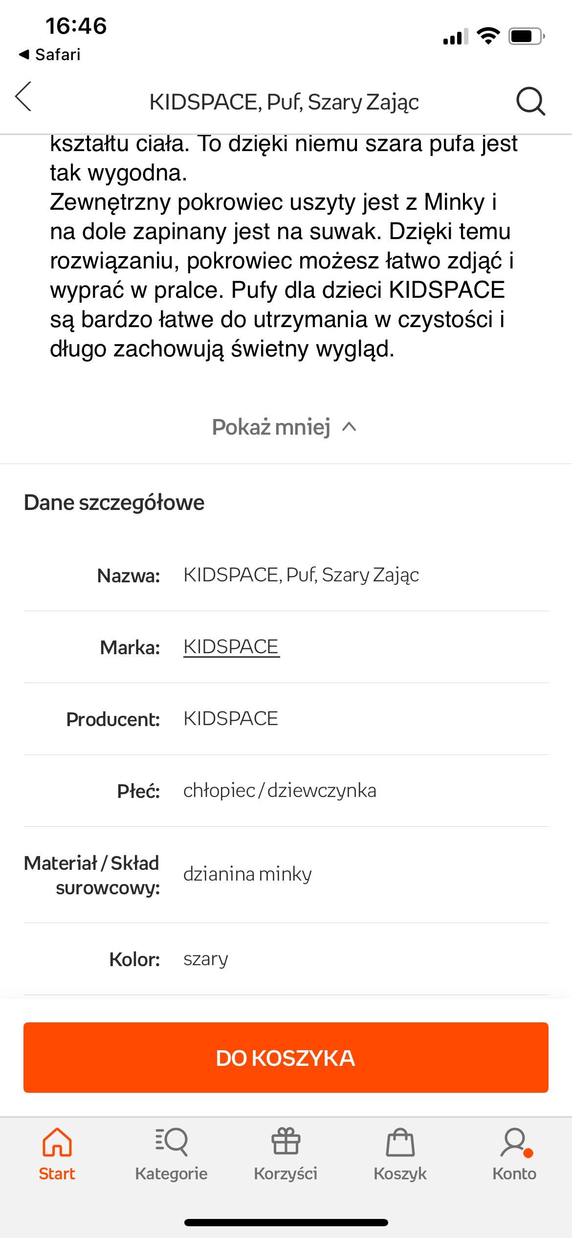 Kidspace puf pufa szary Zając