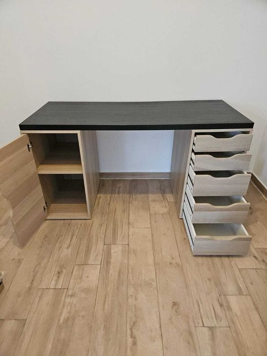 Secretária, ef carvalho c/velatura branca e preto-castanho, 140x60 cm