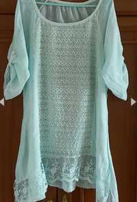 Бирюзовая итальянская блуза из натурального хлопка. Размер L, XL