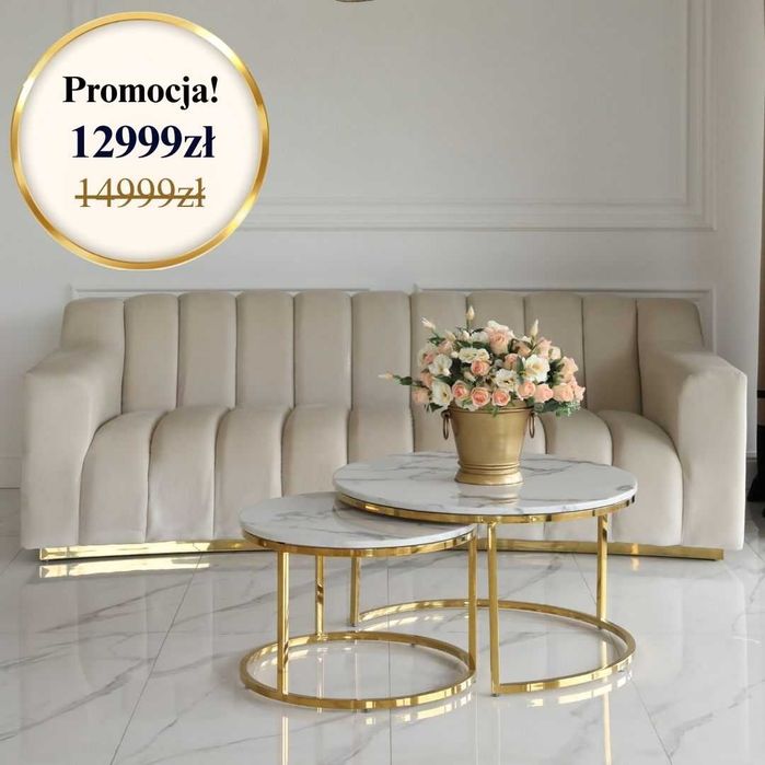 Ekskluzywna Sofa London Beżowa Welur Złote Nogi Glamour Nowa!