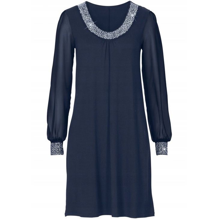 Bonprix  Elegancka Granatowa Sukienka Szyfony Rękawy 40-42