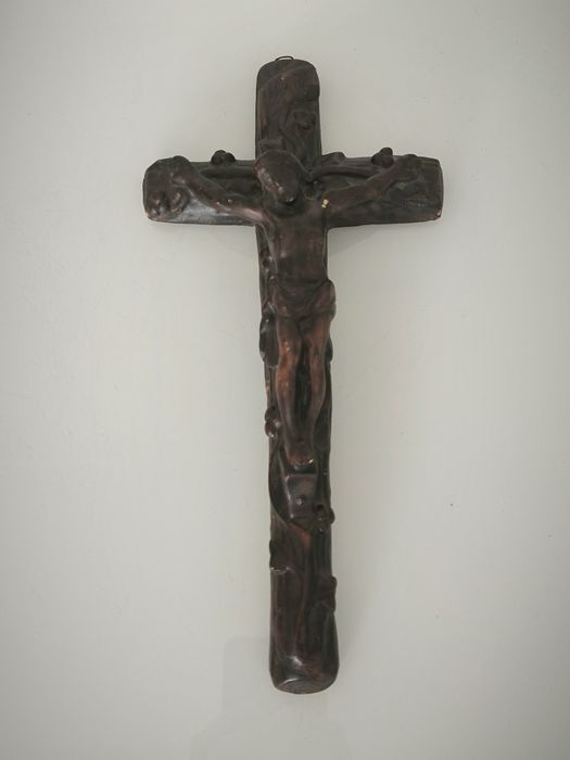 Przedwojenny Krzyż krucyfiks ludowy gipsowy XIX / XX wiek