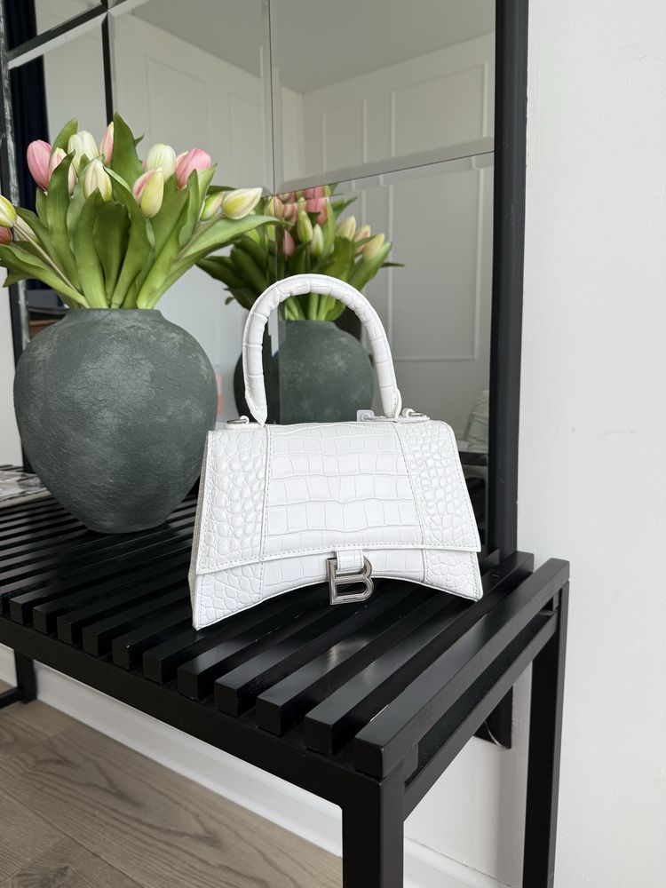 Сумка Balenciaga Hourglass шкіра крокодил | біла | срібна фурнітура