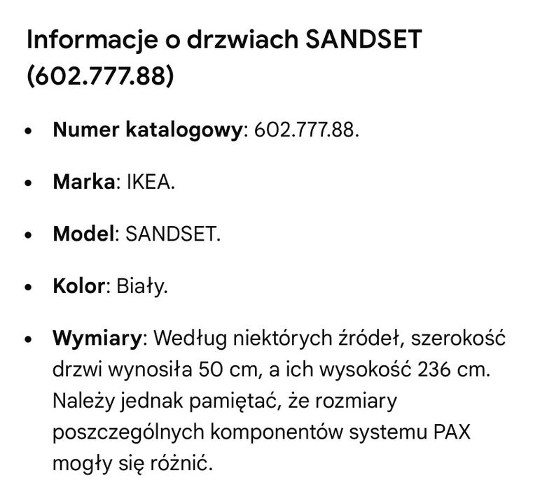 Sandset IKEA 602.777.88 drzwi do PAX 50x236cm pasuje do STUVA