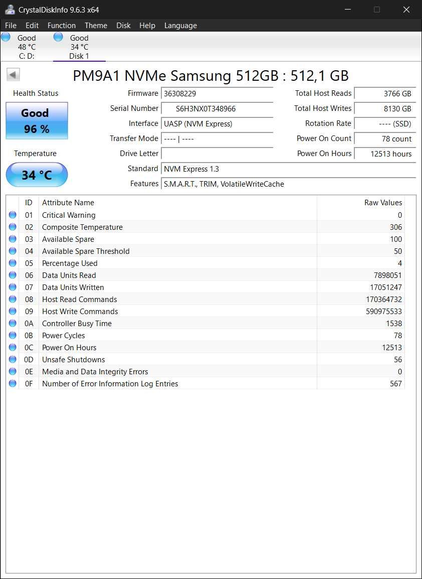 SSD 512Gb M.2 2280 NVMe PCIe 4.0 x4 Samsung PM9A1 MZ-VL2512A