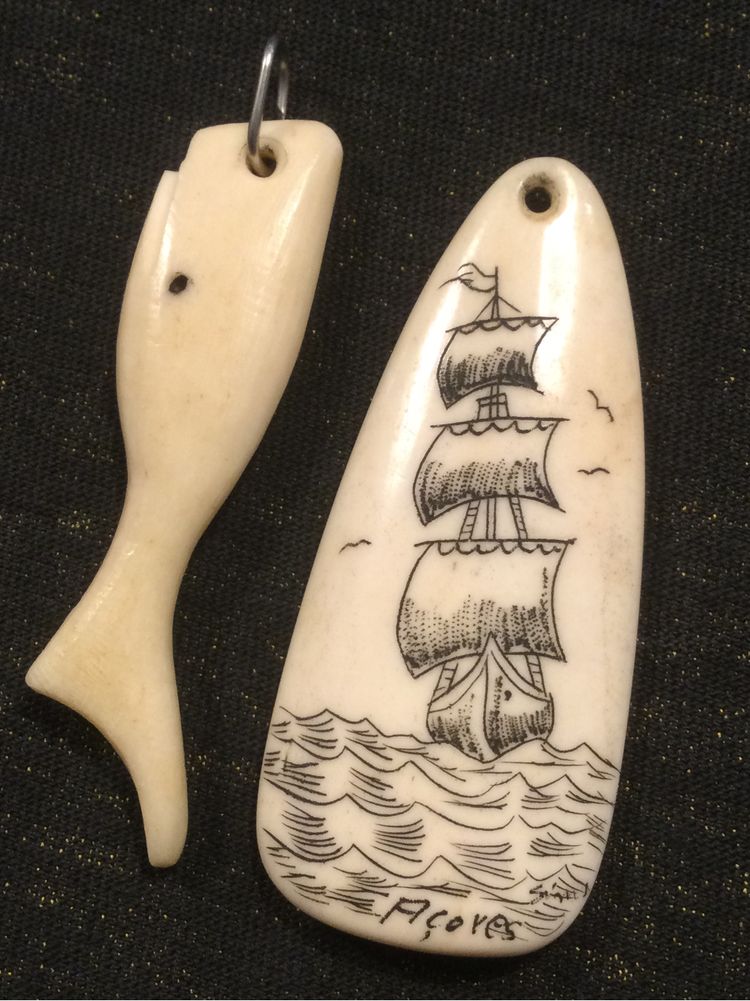 Conjunto antigo “Scrimshaw” artesanato em Osso Baleia - Açores