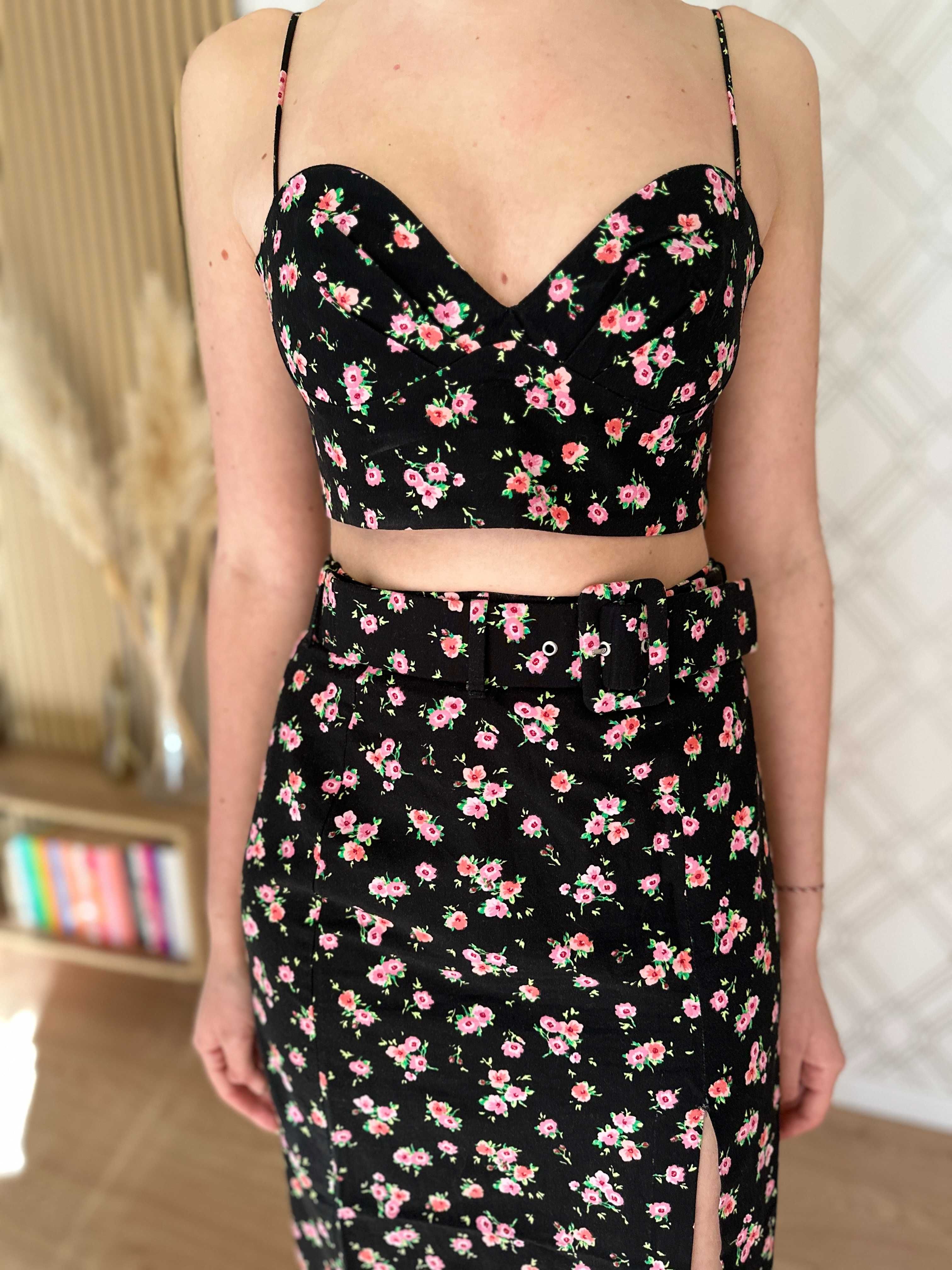 Czarny set komplet w kwiatki spódnica midi crop top gorset Zara